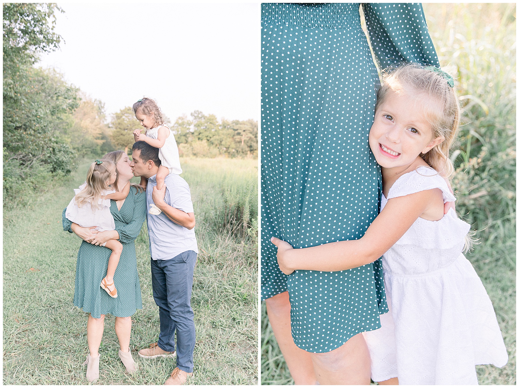 Family of 4 outdoors. Mom and dad are kissing while the two young daughters look at them.Charlotte NC Family photography by Katie Petrick Photography