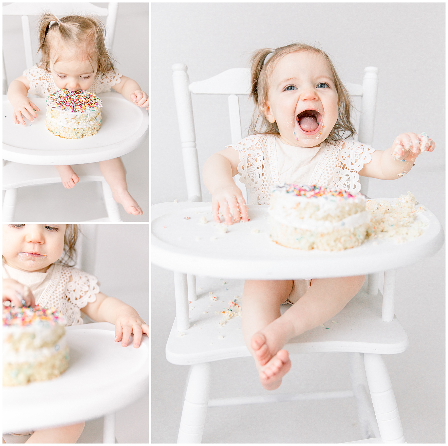 Baby girl eating cake during studio milestone session by Charlotte Baby Photographer Katie Petrick Photography