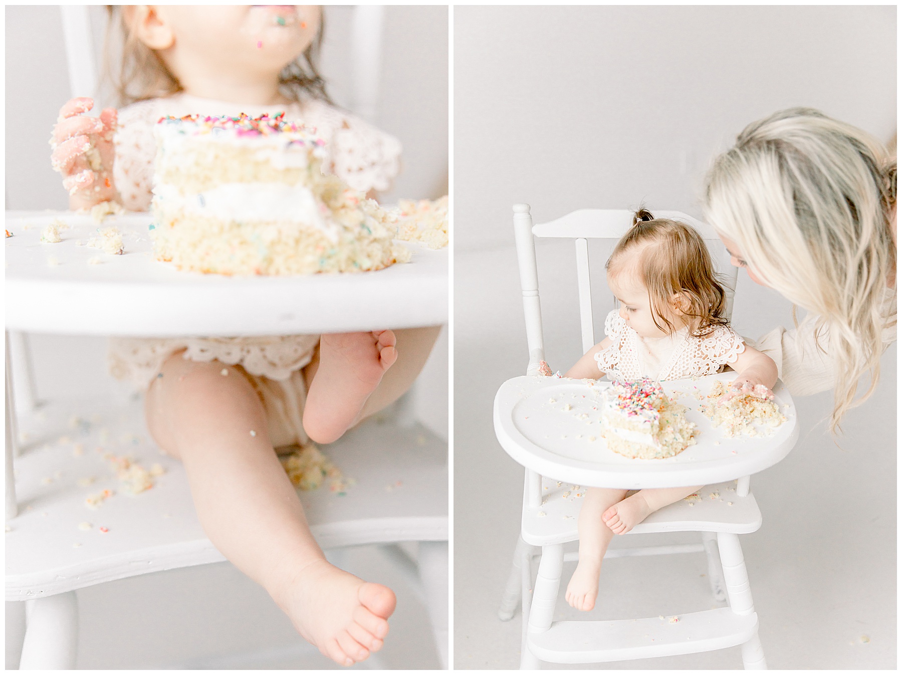 Charlotte Baby Photographer captures baby girls toes while she sits in high chair for cake smash session